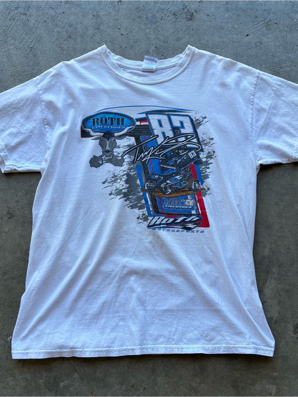 Gildan White Racing Graphic Tee with Blue and Red Accents and Black Detailing